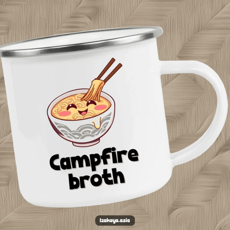 Funny ramen bowl camping mug showing a giggling character stirring itself, perfect for outdoor enjoyment.
