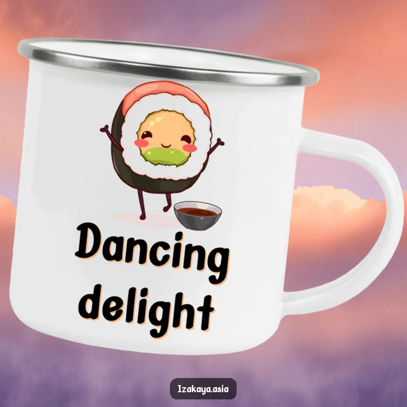 Funny sushi roll camping mug showing a dancing sushi character with tiny legs and a soy sauce bowl.