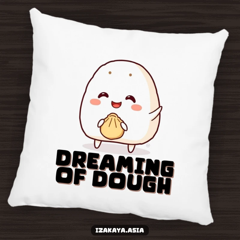 Funny onigiri pillow showing a smiling character attempting to throw a tiny bouncy dumpling, perfect for cozy decor.