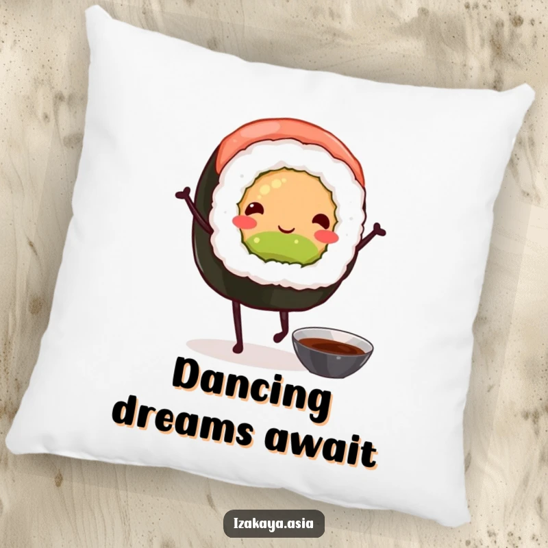 Funny sushi roll pillow showing a smiling sushi character with legs engaged in a joyful dance with soy sauce.