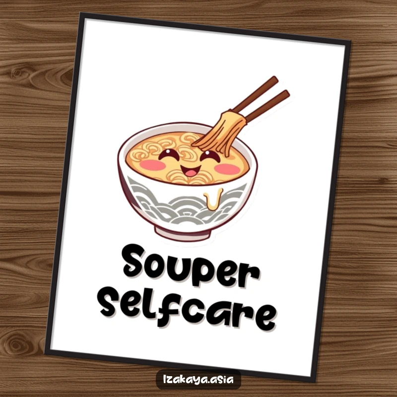 Funny ramen bowl digital art print showing a giggling character stirring itself, perfect for home decor.