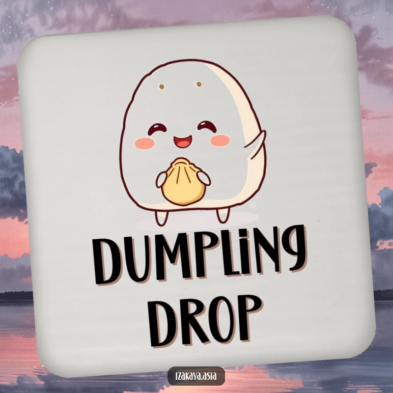 Funny onigiri coaster featuring a smiling character attempting to throw a tiny bouncy dumpling, a cute touch.