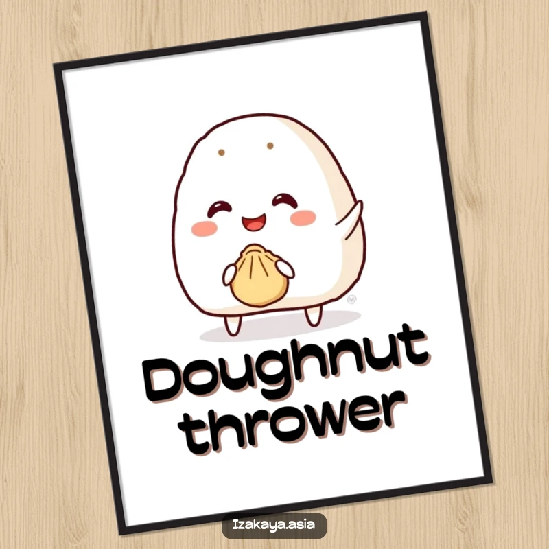 Funny onigiri poster depicting a smiling character attempting to throw a tiny bouncy dumpling, full of charm.