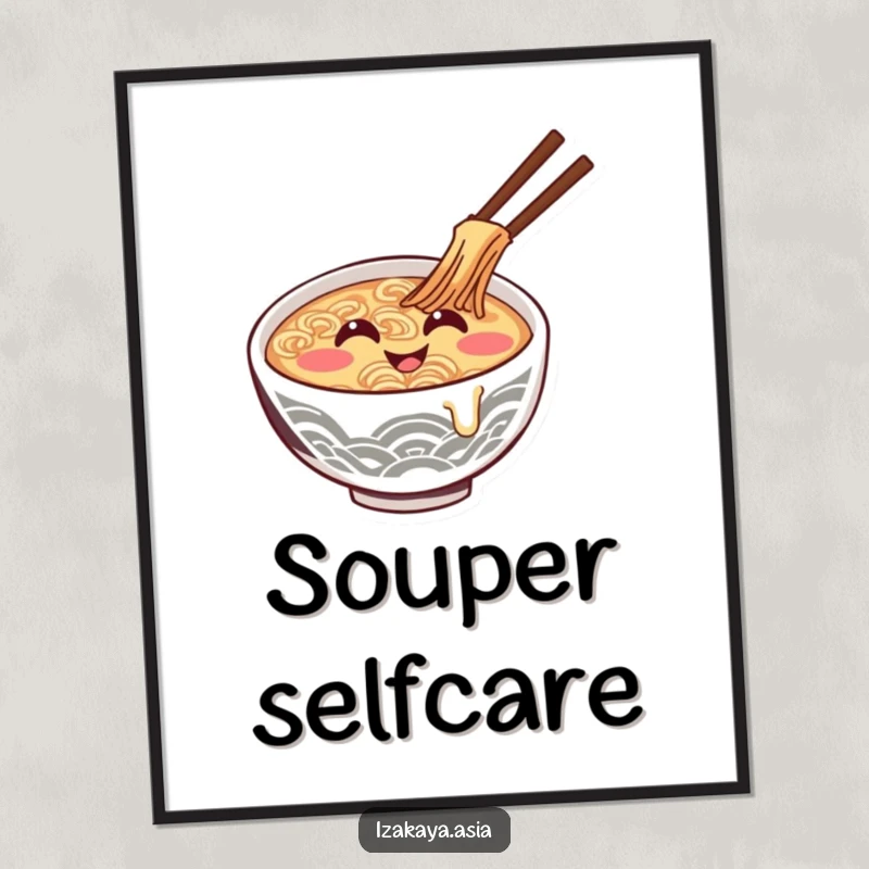 Funny ramen bowl poster showing a smiling character giggling while stirring itself, a fun kitchen decor.