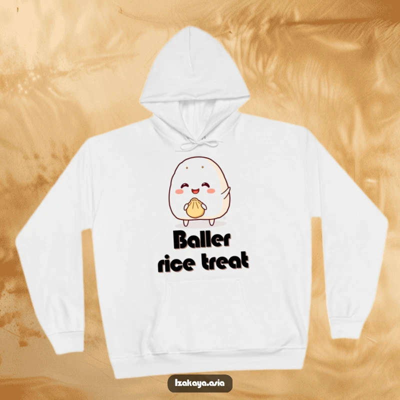 Funny onigiri hoodie showing a smiling character attempting to throw a tiny bouncy dumpling, full of cheer.