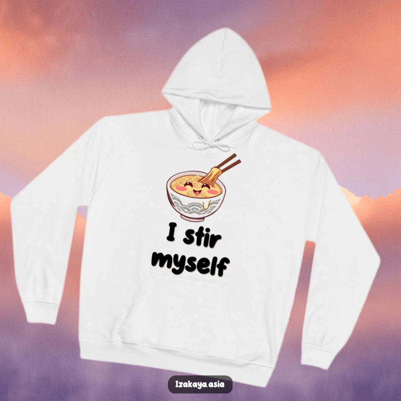 Funny ramen bowl hoodie with a smiling character giggling and stirring itself, portraying cozy fun.