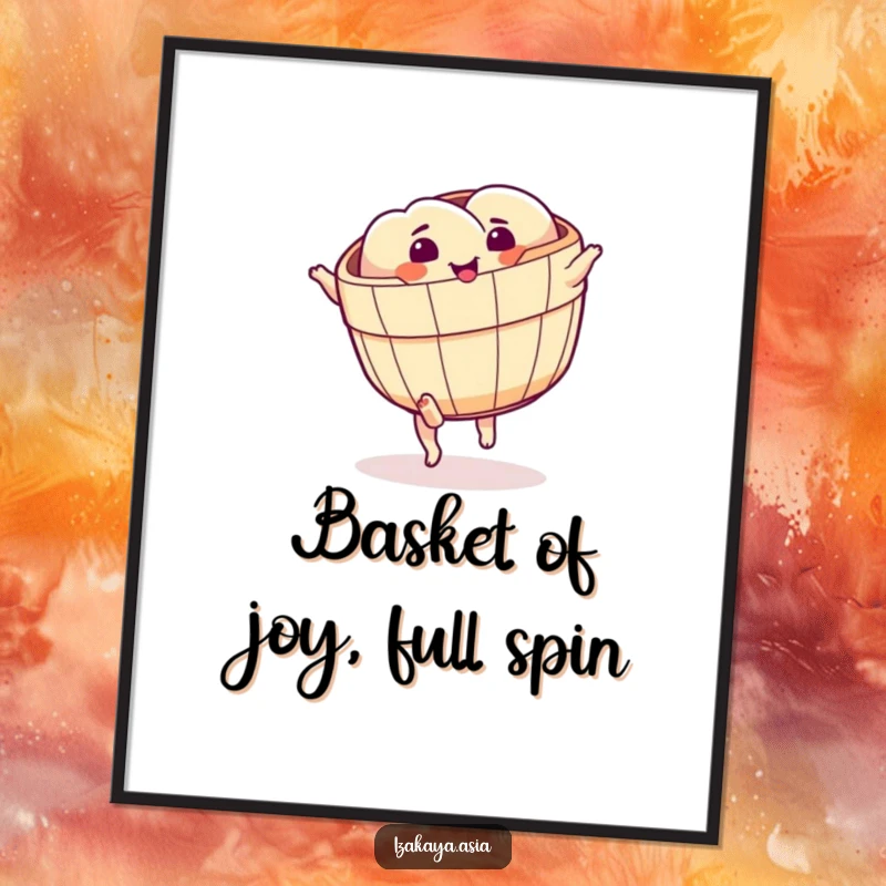 Funny Free Printable Wall Art: A smiling dim sum basket with little feet attempts a cartwheel.
