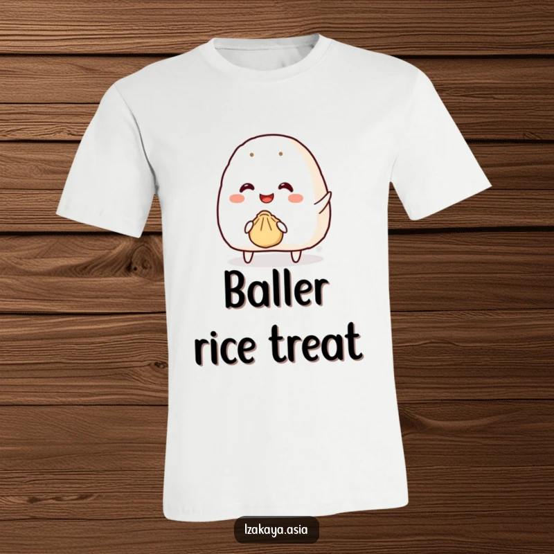 Funny onigiri t-shirt featuring a smiling character attempting to throw a tiny bouncy dumpling, conveying fun.