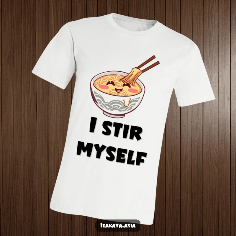 Funny ramen bowl t-shirt featuring a giggling character stirring itself, showing happy noodle enjoyment.